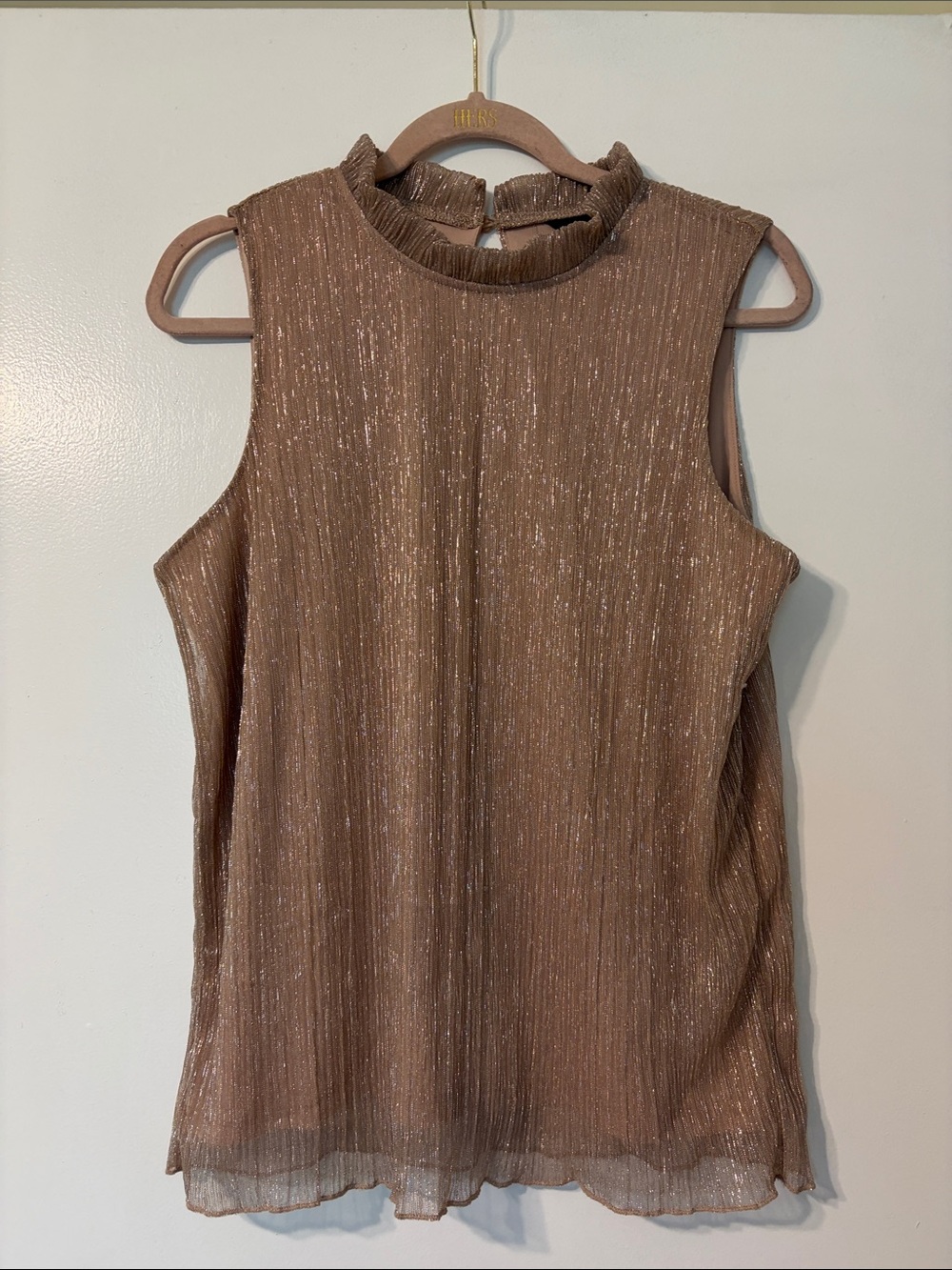 Adiva Shimmery Rose Gold Sleeveless Ruffle Mock Neck Blouse